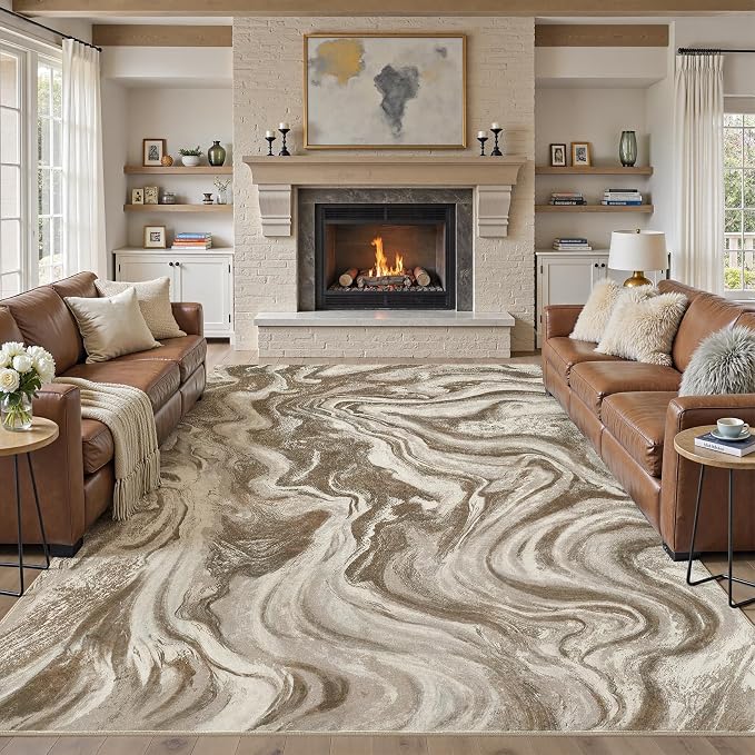 DMOYEST 8x10 Area Rug for Living Room:Washable Modern Neutral Abstract Rug with Low Pile Non Slip Soft Thin Large Indoor Carpet for Bedroom Dining Room Home Office Decor-Sand Brown