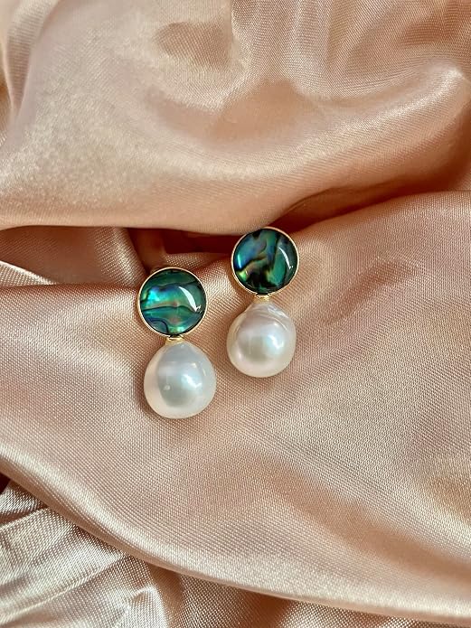 Baroque Pearl Earrings Drop Dangle water droplet shaped Abalone Shell Freshwater Pearl Stud for Women 14K Gold plated Jewelry wedding earrings birthday Gift 11-12mm
