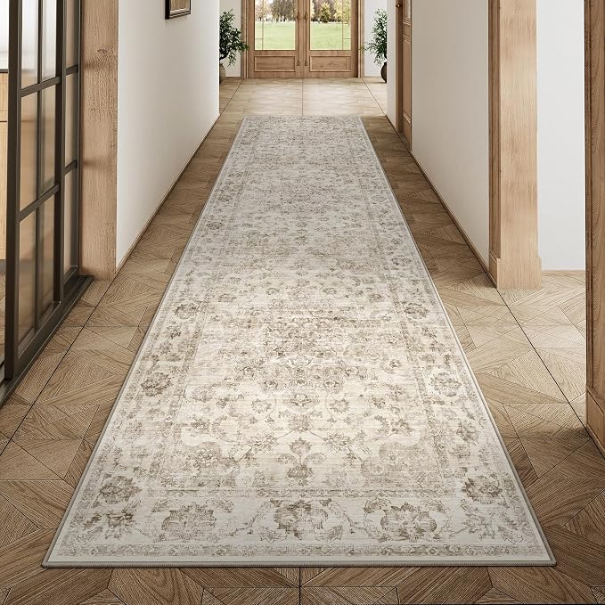 3x10 Beige Neutral Runner Rug | Washable, Non Slip, Soft Low Pile, Vintage Farmhouse, for Hallway Kitchen Laundry Bathroom Bedroom Living Room Home Decor