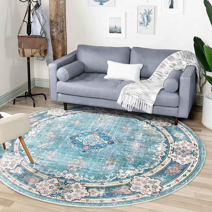 MUJOO Teal Round Rug 6ft,Circle Washable Area Rug Non Slip Low-Pile Floral | Large Circular Rugs for Bedroom Living Room Dining Room Boho Throw Carpet Soft Floor Indoor Flowers Blue Colorful