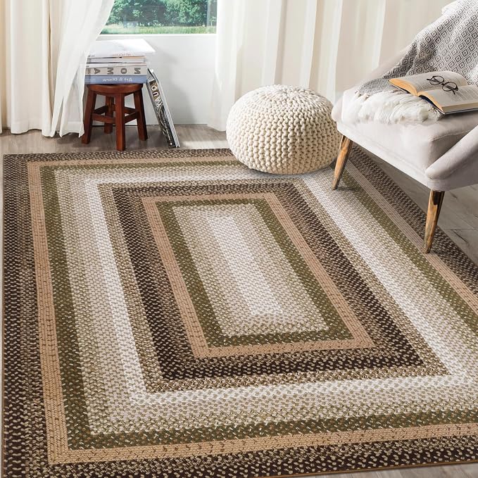 RUGSREAL Large Living Room Area Rug 10x13 Braided Washable Rug Non Slip Bedroom Carpet Stain Resistant Dining Room Throw Rug Braid Printed Farmhouse Accent Area Rug for Home Decor Office, Moss/Brown