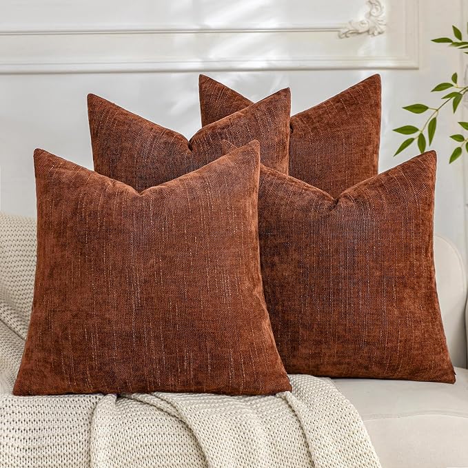 Set of 4 Soft Textured Decorative Throw Pillow Covers 16x16 Inch Cozy Farmhouse Cushion Cover Square Accent Pillow Cases for Bed Couch Sofa Living Room, Rust