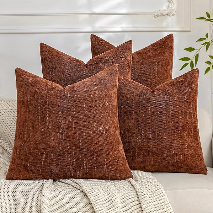 Set of 4 Soft Textured Decorative Throw Pillow Covers 22x22 Inch Cozy Farmhouse Cushion Cover Square Accent Pillow Cases for Bed Couch Sofa Living Room, Rust