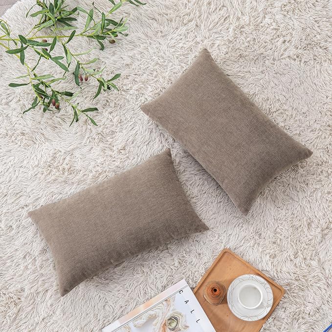 GAWAMAY Lumbar Pillow Decorative Rectangle Throw Pillow Covers 12"x20" Inch Set of 2, Super Soft Chenille Pillowcase for Living Room Bedroom Sofa Couch Cushion Cover Taupe Grey 30x50cm (ONLY Covers)