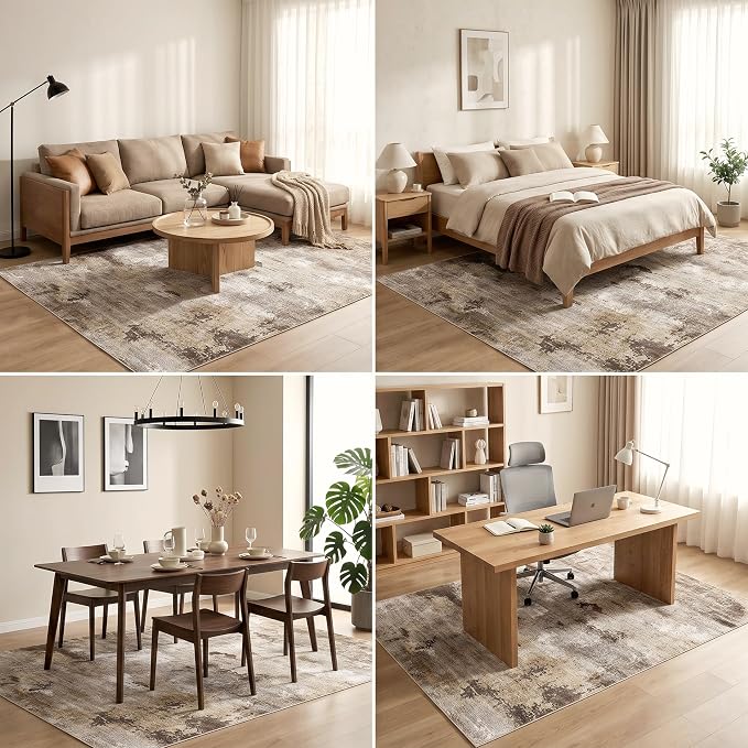 Washable Abstract Area Rug, Robot Vacuum Compatible, 0.3" Low Pile, Non-Slip Cotton-Backed with Silicone Backing, for Home Office Under Desk Dining Room, 5'x7', Neutral Taupe