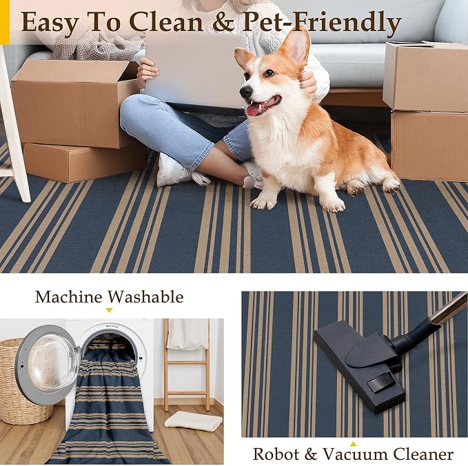 PureCozy Outdoor Rug 5x7 Washable Striped Jute Look Non Slip Carpet | Blue Stripe Farmhouse Style, Indoor Outdoor Area Rugs for Patio, Living Room, Dining Room, Non Shedding, Neutral Rug