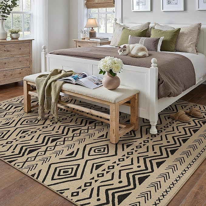 PureCozy 9x12 Easy Jute Outdoor Rug Black Boho Indoor Outdoor Area Rug Farmhouse Patio Carpet for Backyard, Patio, Porch, Living Room，Easy-Cleaning, High Traffic, Pet-Friendly, Non-Shedding