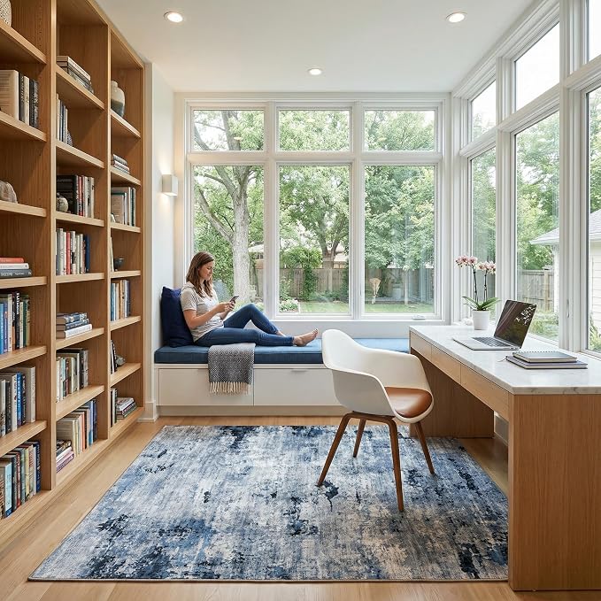 Washable Area Rugs, 0.26 Inch Low Pile Non Slip Abstract Rugs for Bedroom Study Room - Foldable Indoor Carpet, Pet Friendly Surface, Stain-Resistant & Water-Resistant, 5'x7', Blue