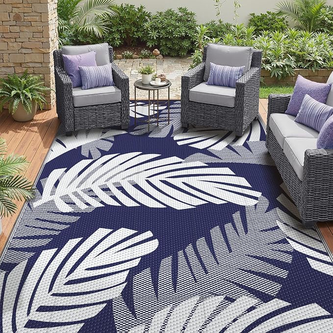 GENIMO Outdoor Rug, Waterproof Plastic Rugs for Patio, 5'x8' Blue White | Outside Larger Leaf Carpet Mat for Porch Decor, Deck, Balcony, Camping, RV, Backyard, Picnic, Beach, Reversible, Foldable