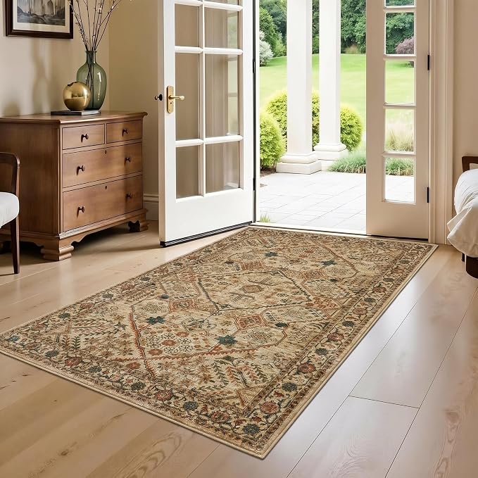 Joydeco 3x5 Area Rugs for Living Room Vintage, Tan | Non Slip Machine Washable Low Pile for Bedroom Dining Room Home Office Pet & Child Friendly
