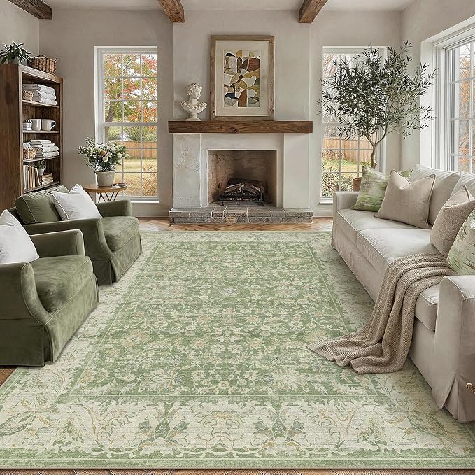 8x10 Green Washable Area Rug Non Slip Retro Distressed Carpet | Soft Low Pile, Lightweight Foldable, Pet Friendly, Living Room, Bedroom, Dining Room, Classroom, Playroom