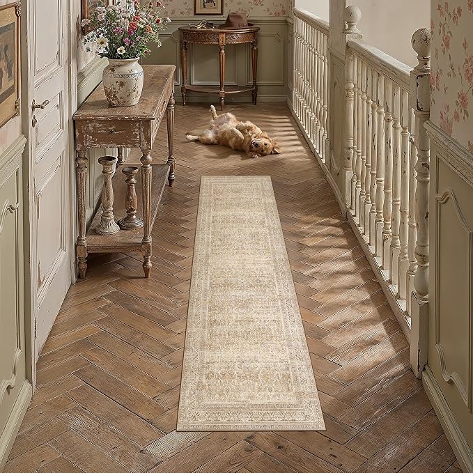 2x8 Beige Neutral Retro Runner Rug | Washable, Low Pile, Floral, Soft, Non Slip, Carpet for Kitchen Hallway Bathroom Bedroom Nursery Office Indoor Home Decor