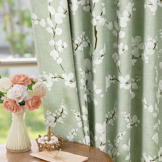FMFUNCTEX 100% Blackout Green Floral Curtains 84 Inch Rod Pocket 2 Panels | Black Out Drapes, Thermal Insulated Cottage Farmhouse, Blossom Flower Patterned Curtain for Bedroom, Living Room Darkening