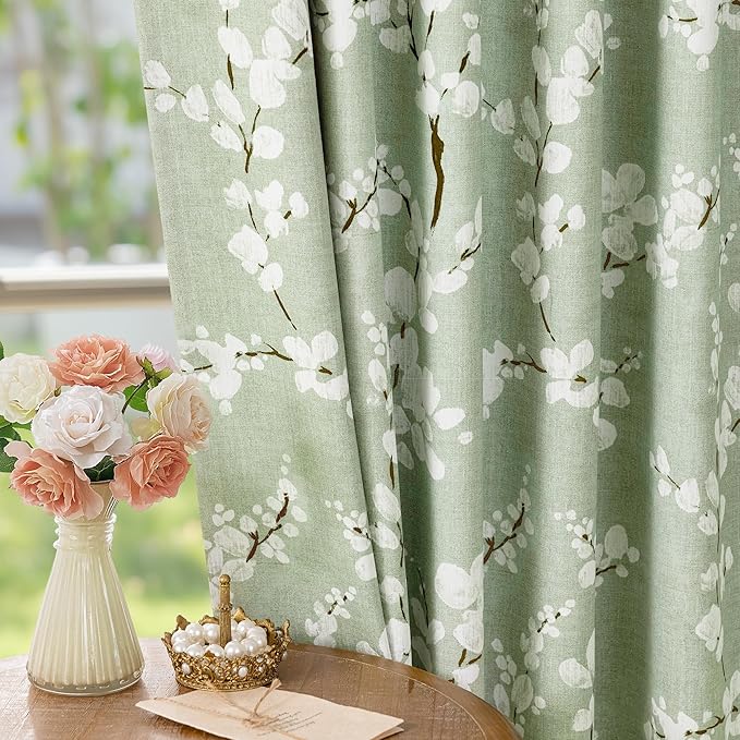 FMFUNCTEX 100% Blackout Green Floral Curtains 96 Inch Grommet 2 Panels | Black Out Drapes,Thermal Insulated Cottage Farmhouse, Blossom Patterned Extra Long Curtain for Bedroom, Living Room Darkening