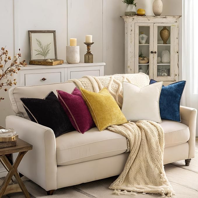 decorUhome Soft Chenille Throw Pillow Covers 16x16 Set of 2 Rhododendron | Fall Textured Decorative Throw Pillow Cases Stitched Edge Modern Farmhouse Luxury Boho Velvet for Couch Sofa Bed Home Decor