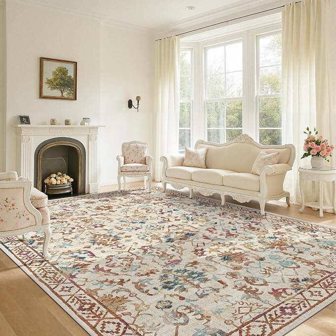 Deerly Beige Colorful Rugs 8x10 for Living Room Soft Non-Slip, Large Vintage Floral Area Rug Retro Tribal Farmhouse Stain Resistant Carpet for Bedroom Dining Room Office Guest Room