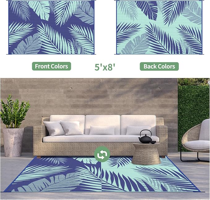 GENIMO Outdoor Rug, Waterproof Plastic Rugs for Patio, 5'x8' Navy Green | Outside Larger Leaf Carpet Mat for Porch Decor, Deck, Balcony, Camping, RV, Backyard, Picnic, Beach, Reversible, Foldable