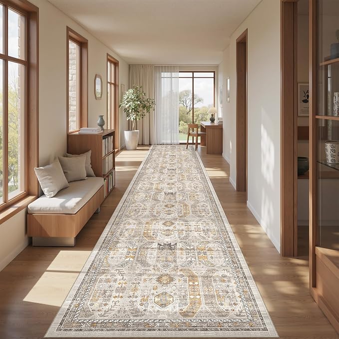 2'6" x 14'Non Slip Runner Rugs - Runners for hallways, Kitchen,Entryway,Stain Resistant Washable Rugs for Bedroom, Indoor Vintage Area Rugs (Brown/Gold, 2'6" x 14')