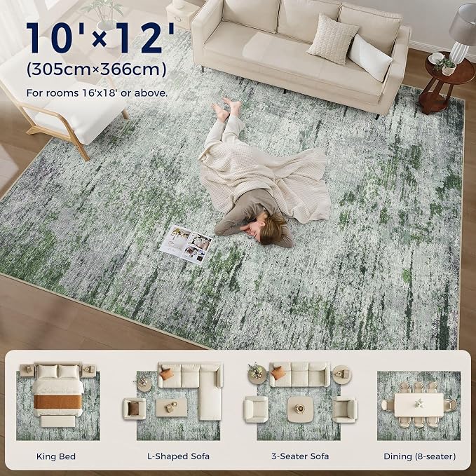 DMOYEST Area Rug Living Room Rugs - 10x12 Large Soft Indoor Neutral Modern Abstract Low Pile Washable Rug Carpet for Bedroom Dining Room Farmhouse Home Office - Green/Grey/Brown