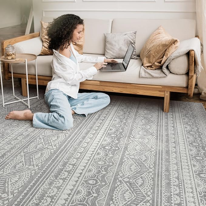 Tortania Area Rug Living Room Rugs - 8x10 Washable Large Soft Neutral Boho Moroccan Bohemian Farmhouse Rug Indoor Floor Carpet for Bedroom Under Dining Table Home Office Decor - Neutral Grey