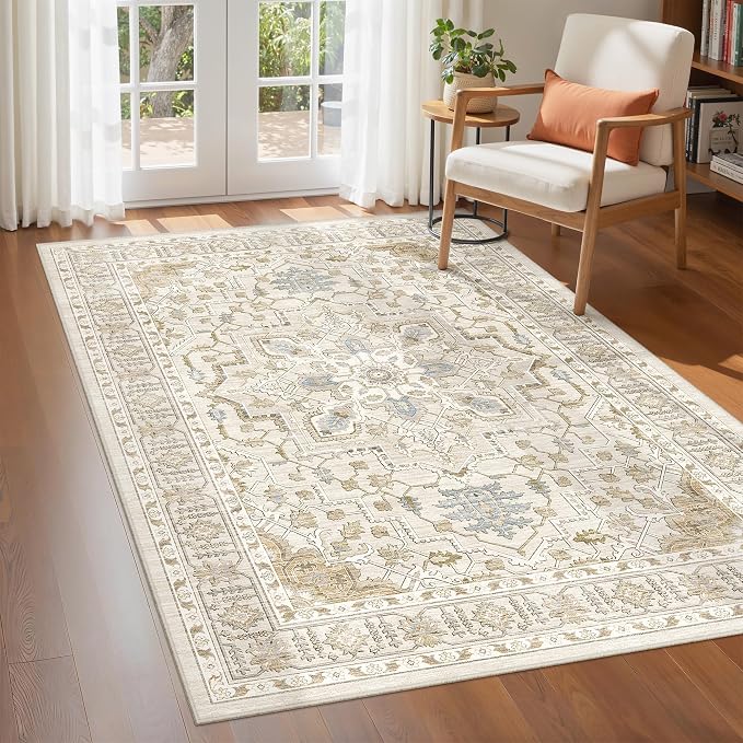 Area Rugs for Living Room - 4x6, Boho Non-Slip Low Pile Carpet Machine Washable Rugs for Bedroom Office, Dining Room (Beige)