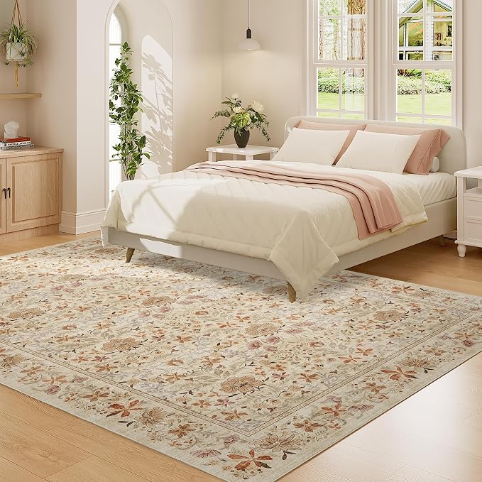 DUKINO 5x7 Area Rugs, Vintage Floral Washable Rug for Living Room, Beige | Non Slip, Low Pile, Soft, Lightweight, Boho Indoor Carpet for Bedroom, Office, Dining Room, Dorm Room, Farmhouse, Home Decor