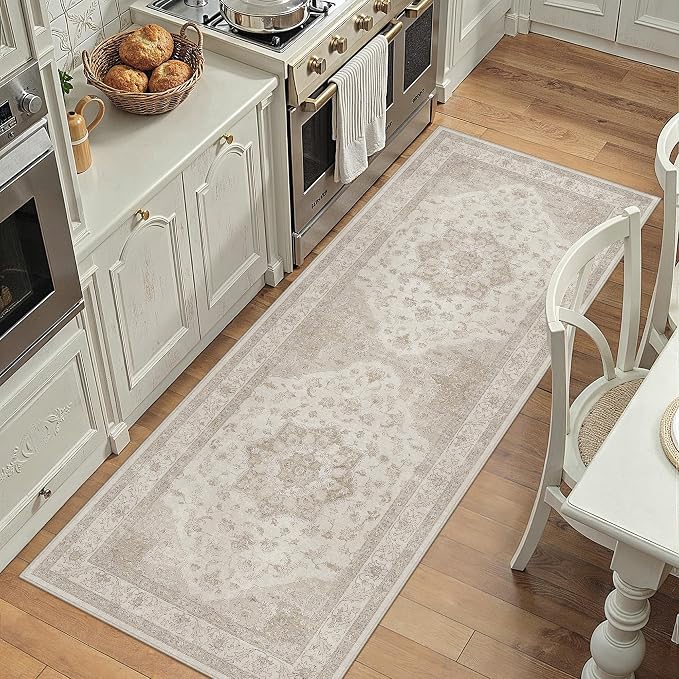 PureCozy Beige Runner Rug 2x5 Washable Vintage Carpet Hallway Kitchen Soft Retro Low Pile Thin Indoor Bedroom Non Slip Oriental Medallion Long Throw Rug for Bathroom Laundry Dining Room
