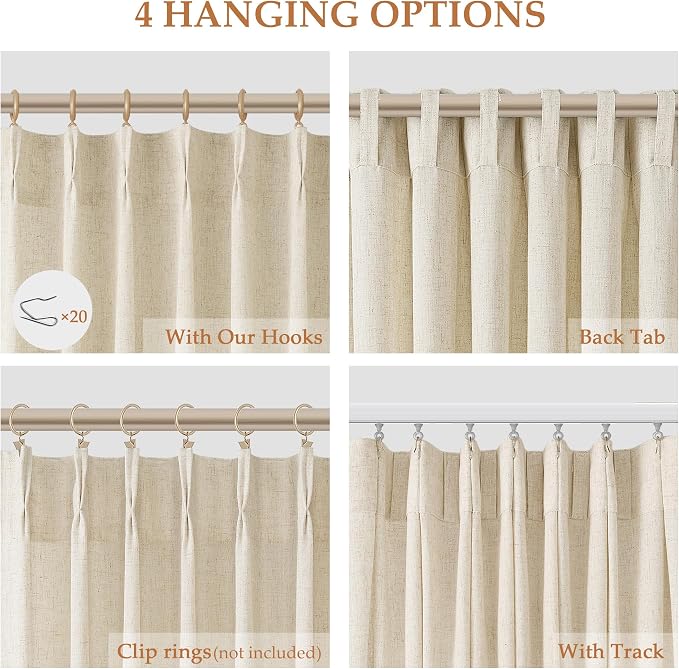 Aersas Beige Pinch Pleated Linen Curtains 84 Inch Length 2 Panels for Living Room Bedroom Cream Semi Sheer Window Curtain Boho Neutral Back Tab Pinch Pleat Drape with Hooks 84 Inches Long