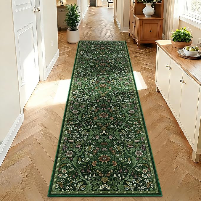 2x8 Washable Runner Rug,Dark Green Floral Boho Area Rug for Hallway,Low-Pile Non-Slip Stain Resistant Carpet for Kitchen, Bedside,Laundry Room,Entryway