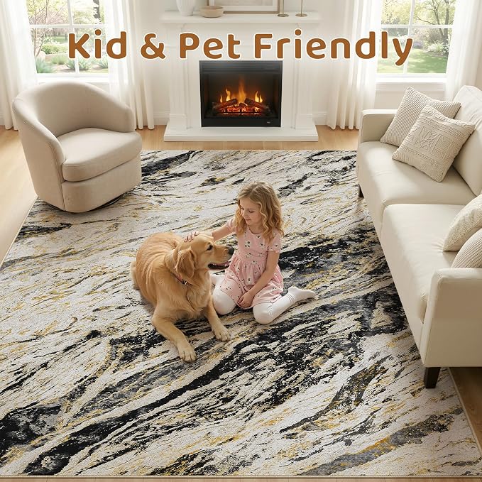 Area Rugs for Living Room: 7X9 Abstract Washable Rug Modern Neutral Large Soft Stain Resistant Non-Slip for Bedroom Dining Room Indoor Home Office Carpet - Black Gold