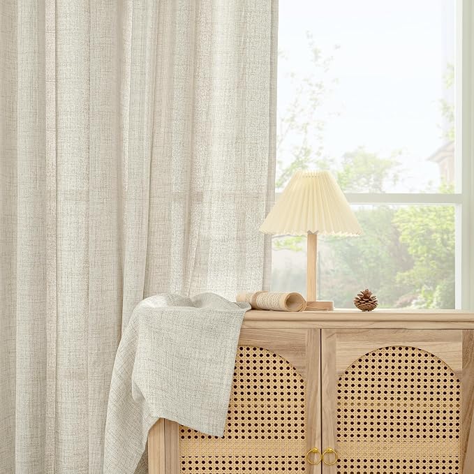 YoungsTex Short Linen Semi Sheer Curtains 45 Inch Length 2 Panels, Light Filtering Textured Window Drapes with Bronze Grommet for Kitchen Living Room Windows, 42 x 45 Inch