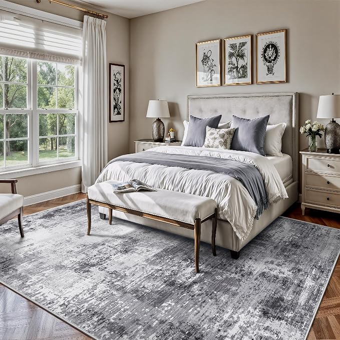 5x7 Area Rugs, Abstract Modern Ultra Soft Washable Rug, Non Slip Carpet with Rubber Back Stain Resistance Rugs for Living Room, Bedroom, Dining Room Decor(Black & Grey)