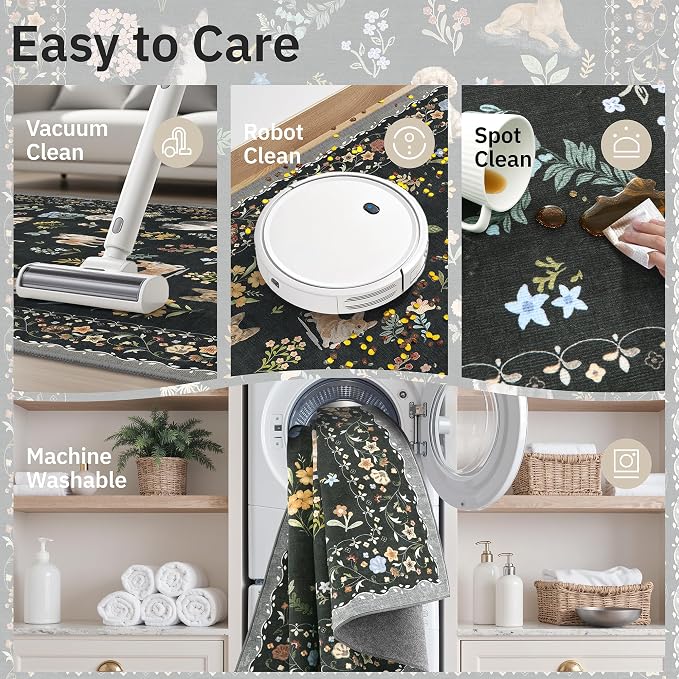 Soalmost 2x3 Dog Rugs for Entryway, Washable Door Mat Animal Soft Rug Black | Floral Small Cute Area Rug Non-Slip Low Pile Throw Rugs for Entrance Kitchen Indoor Front Door Kids Room 2' x 3'