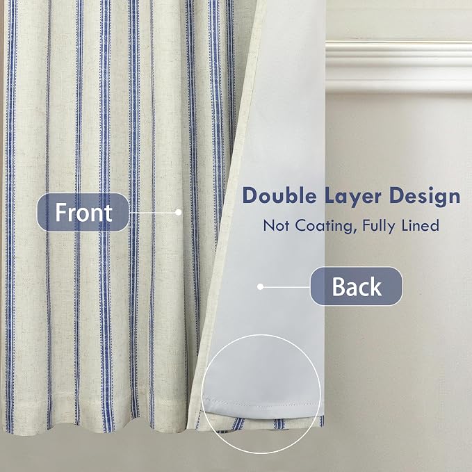 DriftAway Farmhouse Stripe Blackout Curtains, W52xL72, Navy | Blackout, Linen Texture, Stripe Pattern, Rod Pocket & Back Tab, Two Layers, Bedroom Living Room Use, Sound Reducing Design