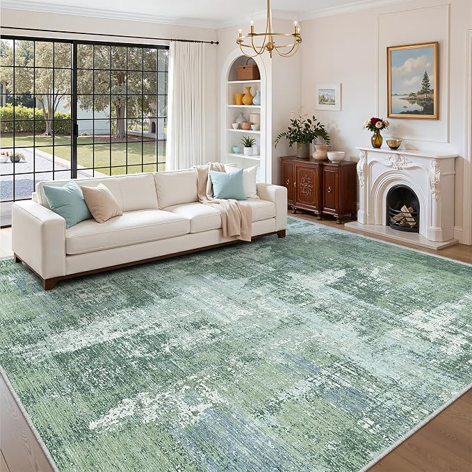Valenrug Washable Rugs 8x10 - Stain Resistant 8x10 Area Rugs for Living Room, Non Slip Backing Abstract Large Area Rugs for Bedroom, Folable Machine Washable Area Rug(8'x10', Sage Green)