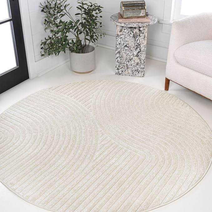 JONATHAN Y Hallie High-Low Curve Ivory/Cream 9' Round Indoor/Outdoor Area Rug, Minimalist, Pet Friendly, Non-Shedding, Stain Resistant, Hose-Washable for Backyard, Patio, Porch (SCN100B-9R)