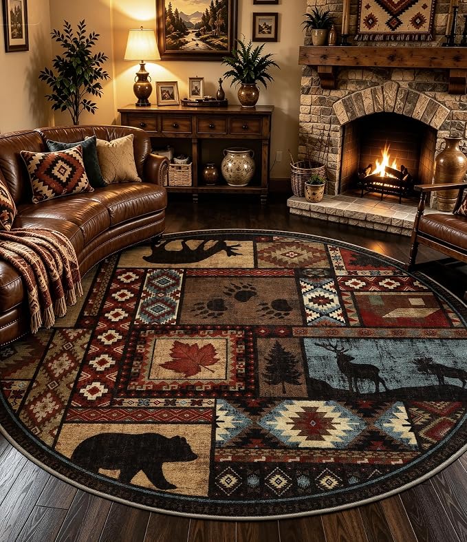 YIHOUSE Rustic Round Rug 6ft, Washable Circle Area Rug with Non-Slip Backing, Low Pile Soft Western Cabin Rugs for Living Room, Bedroom