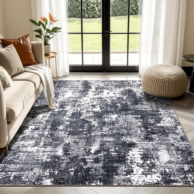 Sasttie 6x9 Soft Area Rug for Living Room, Modern Abstract Washable Carpet for Bedroom, with Non-Slip Backing, Black and White