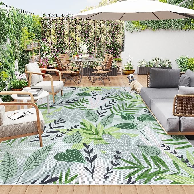 Lahome Leaf Indoor Outdoor Rug 8x10, Non Slip Outdoor Patio Rug for Camping Picnic, Portable Large Outdoor Rugs for Balcony Deck Backyard, RV Mat Outdoor Carpet for Living Room Bedroom,Green