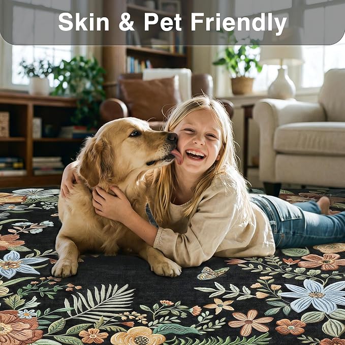 FMFUNCTEX 2x3 Washable Black Floral Vintage Flower Colorful Entryway Rug | Vintage Traditional Door Mat Non Slip Low Pile Boho Indoor Soft Patterned Small Throw Rugs Entry Way Entrance Kitchen Laundry