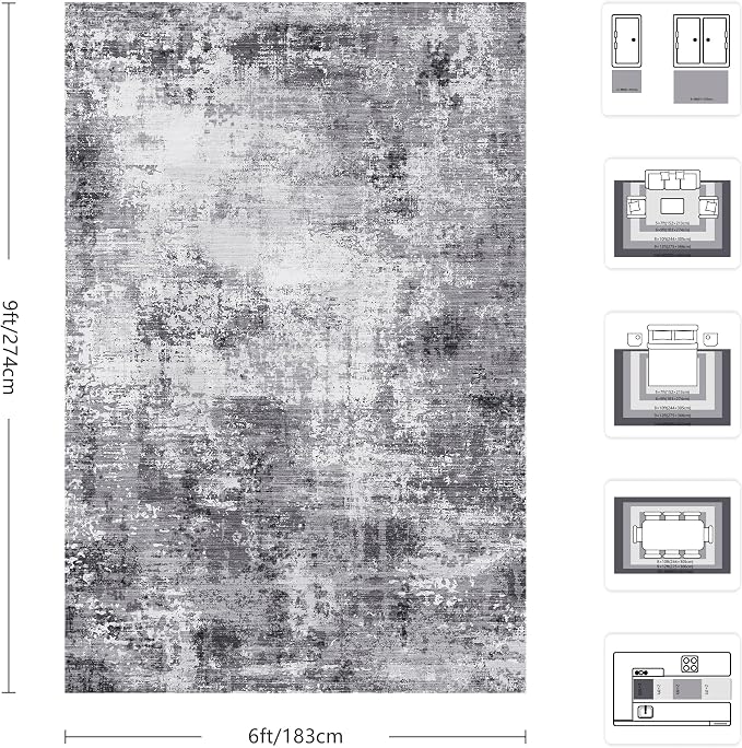 Living Room Rug 6x9, Abstract Modern Ultra Soft Washable Rug, Non Slip Carpet with Rubber Back Stain Resistance Rugs for Bedroom, Dining Room Decor(Black & Grey)