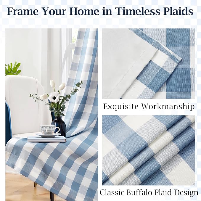 72 Inch Plaid Dusty Blue Curtain Panels with Full Blackout Liner | Thermal Insulated Drapes,Modern Window Treatment for Bedroom Living Room,Back Tabs Rod Pocket,52"Wx72"Lx2