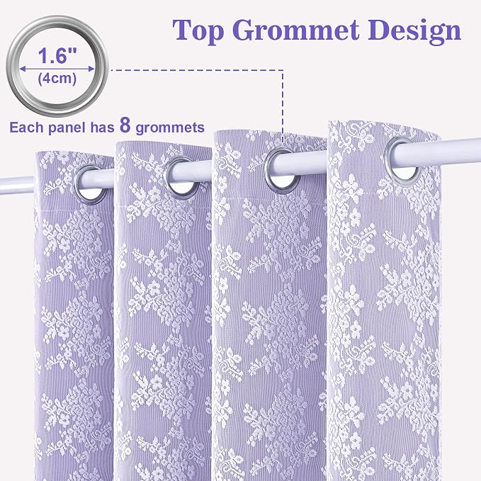 Yinhua Purple Blackout Curtains for Bedroom Double Layer Nursery Curtains for Living Room 63 Inch Length 2 Panels Set Kid Curtain with Floral Sheer Overlay, Grommet Drapes with Tiebacks, 52" W x 63" L