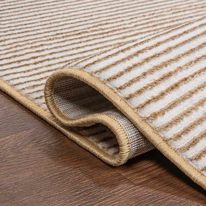 JONATHAN Y Cole Pinstripe High-Low White/Gold Runner Rug, 2x8, Modern, Minimalist, Easy-Cleaning for Living Room, Bedroom, Kitchen, Pet Friendly, Non-Shedding (CAR101D-28)