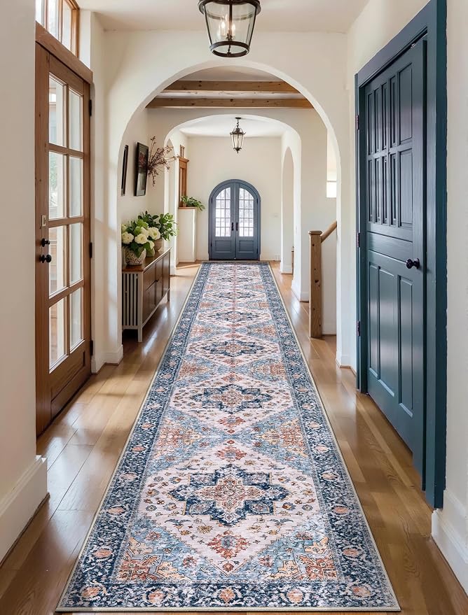 SERISSA Runner Rug for Hallways, 2'6"x18' Washable Non Slip Kitchen Runner Rug, Extra Long Boho Rug Ultra Soft Vintage Blue Orange Print Floor Carpet for Hallway Living Room Dining Room Bedroom
