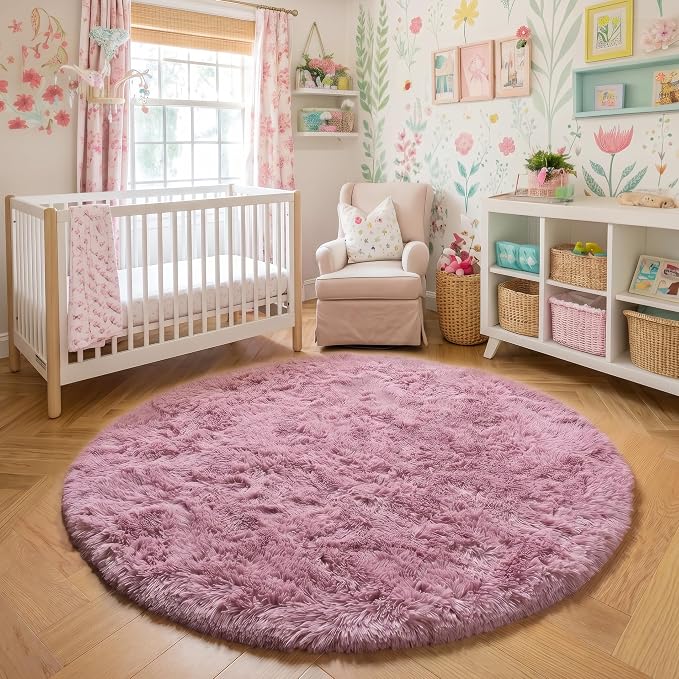 Amdrebio Mauve Pink Circle Round Rug 5Ft for Bedroom, Shaggy Fluffy Fuzzy Plush Cute Area Rugs for Baby Girls Kids Room Decor Aesthetic, Dusty Rose Blush Carpet for Nursery Dorm Playroom Classroom