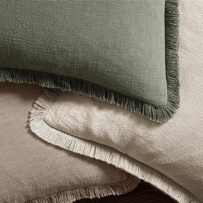 MIULEE Decorative Throw Pillow Covers Neutral Linen Fringe Throw Pillows Set of 2 Dune Boho Farmhouse Cushion Covers with Tassels for Couch Sofa Bed Living Room Fall Decor 20x20 Inch