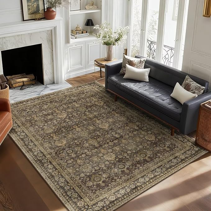 Boho Washable 5x7 Area Rugs for Living Room, Cushioned, Deep Brown | Vintage Non-slip Rugs for Bedroom Dining Room Nursery Office, 0.3" Neutral Oriental Throw Thin Carpet, Deep Brown/Beige