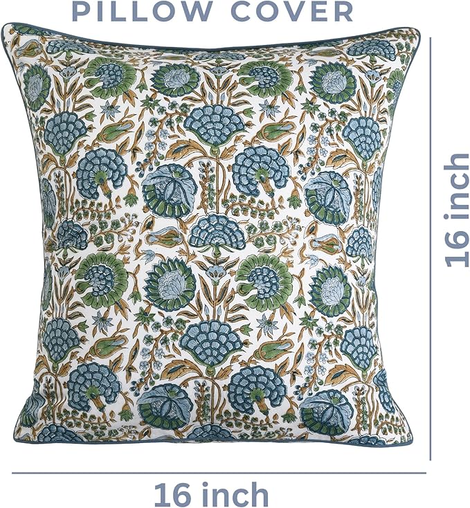 Ridhi Block Print Asparagus Green Pillow Cover 16" x 16" (Pack of 2) Decorative Couch Pillows for Living Room, Farmhouse Chic Boho Cute Outdoor Pillows Covers Gifts for Spring, Mother's Day