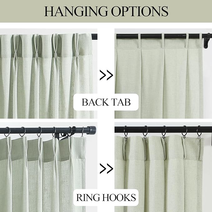 Vision Home Soft Green Pinch Pleated Semi Sheer Curtains Textured Linen Blended Light Filtering Window Curtains 108 inch for Living Room Bedroom Pinch Pleat Drapes with Hooks 2 Panels 9ft 40" Wx108 L